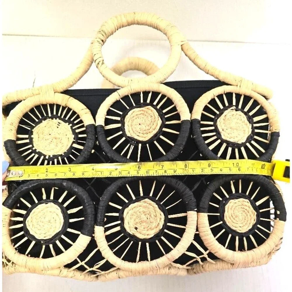 Tommy Bahama Women's Black Tan Medallion Straw Ring Handle Basket Tote B…